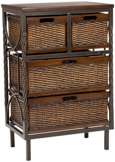 a wicker chest with three baskets on it's front and two drawers at the bottom