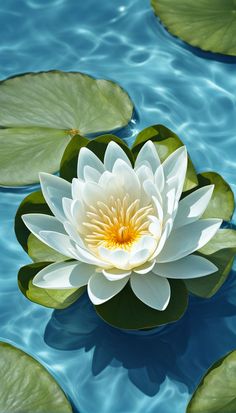 a white water lily floating on top of blue water