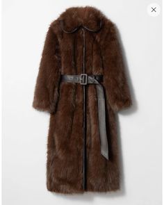 Brown Faux Fur Coat, Long Faux Fur Coat, Coat Design, Leather Buckle, Faux Fur Coat, Belt Buckles, Leather Trims, Fur Coat, Faux Fur