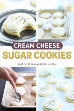 cream cheese sugar cookies with frosting and sprinkles are shown in this collage