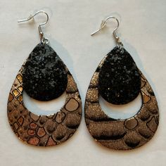 Never Worn. Fabric Teardrop Earrings With Glitter Black Teardrop And Copper 2nd Teardrop. Hangs 3 Inches. Pattern On 2nd Teardrop Varies On Each Earring Black Glitter Jewelry For Party, Handmade Black Teardrop Earrings For Party, Silver Glitter Teardrop Earrings, Earring Designs, Teardrop Earrings, Designer Earrings, Jewelry Earrings, Copper, Glitter