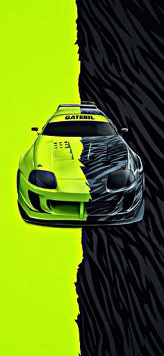 a green sports car with black and white stripes on the side, in front of a yellow background