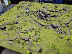 a table topped with green moss and rocks next to a laptop computer on top of a desk