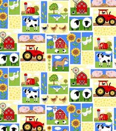 a pattern with farm animals and tractors