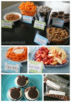 an assortment of desserts and snacks are displayed on the table with name tags for each individual