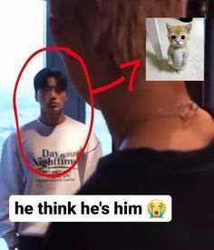 a man is looking at a cat with a red marker on it's chest