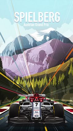 a racing car driving on a road with mountains in the background and text spelling spielberg austrian grand prix