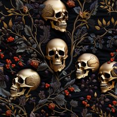 three skulls are sitting in the middle of leaves and berries on a black background with red berries