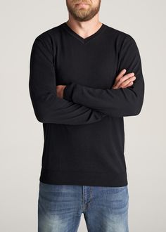 American-Tall-Men-EveryDay-VNeck-Sweater-Black-front Classic Black V-neck Sweater For Fall, Black Long Sleeve V-neck Sweater For Layering, Black V-neck Sweater With Ribbed Cuffs, Black Long Sleeve V-neck Sweater With Ribbed Cuffs, Black Knit Crew Neck Polo Sweater, Classic Black V-neck Sweater For Winter, Black Ribbed Cuff V-neck Sweater For Fall, Black Casual V-neck Sweater With Ribbed Cuffs, Black Cotton V-neck Winter Sweater