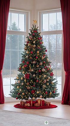 a decorated christmas tree in front of a window with red curtains and presents under it