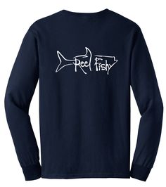 a navy long - sleeved t - shirt with the words reel fish on it