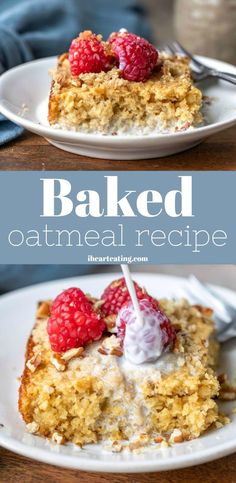 baked oatmeal recipe with raspberries and whipped cream on the top