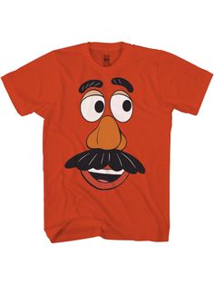 an orange t - shirt with a cartoon face on the front and bottom, featuring a mustache