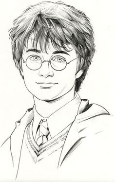 a black and white drawing of harry potter