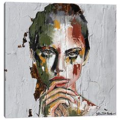 a painting of a woman's face with her hands on her chin and mouth