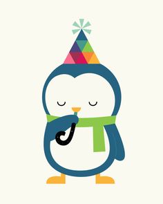 a penguin wearing a party hat and scarf with an umbrella in his hand, while holding the