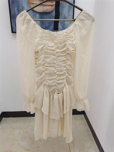 Tavimart Casual Women Square Collar Front Ruched Chiffon Dress Female Mini Ruffles Retro Dress y2k long sleeve dress vestidos Buyers ShowThis buyer is 1.67m and 56kg, she wear size MBuyers ShowThis buyer is 1.55m and 38kg, she wear size S Cream Chiffon Long Sleeve Dress, Long Sleeve Chiffon Dress With Gathered Sleeves, Long Sleeve Chiffon Dress With Ruffles, Long Sleeve Chiffon Mini Dress With Ruffles, Chiffon Mini Dress With Ruffles And Long Sleeves, Billowy Long Sleeve Chiffon Dress, Chiffon Long Sleeve Dress With Ruffle Hem, Long Sleeve Chiffon Dress With Ruched Details, Billowy Long Sleeve Mini Dress With Ruffles