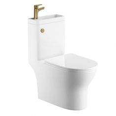 a white toilet with the lid up and a gold faucet in front of it