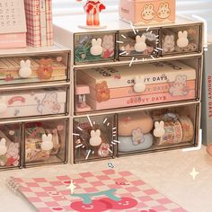 the drawers are filled with various items for storage and display on top of each other