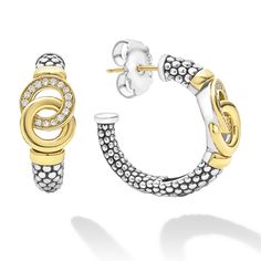 18K gold, diamonds, and sterling silver Caviar beading form these signature interlocking hoop earrings. LAGOS diamonds are the highest quality natural stone. Louis Moinet, Crystal Figurines, Diamond Hoop Earrings, Writing Instruments, Holiday Collection, Natural Stone, Natural Stones, Two Tone, Beading