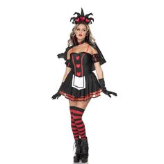 Six Pieces Dark Queen Of Hearts Costume Set Features Multi-Color Mini Dress With Heart Print Graphics On The Bodice And Mesh Trim Flare Skirt, Choker, Headpiece, Cape, Armbands, And Gloves. This Costume Set Is Great For Halloween Costumes, Stage Performance, Christmas, Theme Parties, Role-Playing, Dress Up, And Cosplay. Dark Queen Of Hearts, Christmas Theme Parties, Pink Doll Dress, Firefighter Costume, Heart Costume, Queen Of Hearts Costume, Red Riding Hood Costume, Bride Costume, Dark Queen