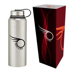 a stainless steel water bottle next to a cardboard box with the word fire on it