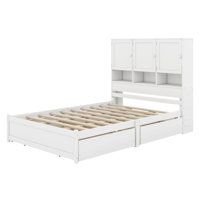 a white bed frame with drawers underneath it