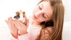 a girl holding a small hamster in her hands while she is petting it