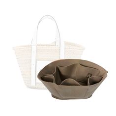 a white basket and a brown bag sitting next to each other