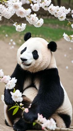 a panda bear sitting on top of a wooden bench next to white and pink flowers