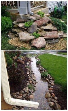 two pictures side by side of a garden with rocks in the middle and water running through it