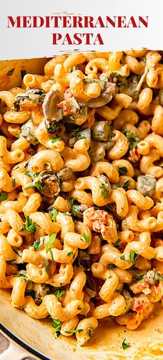 pasta with mushrooms and parsley in a white bowl