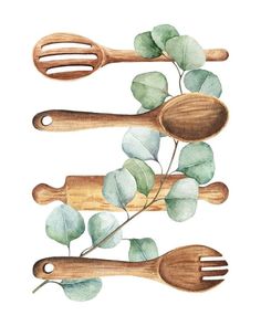 three wooden utensils with green leaves and spoons on them, painted in watercolor