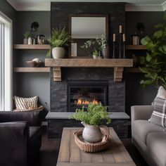 a living room with two couches and a fire place in the fireplace, surrounded by potted plants