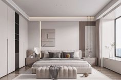 a bedroom with a large bed and white walls