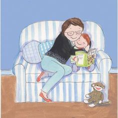 a woman is sitting on a couch reading a book to a child who is holding a teddy bear