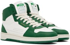 Handcrafted high-top paneled LWG-certified buffed leather and nubuck sneakers in white and green. · Perforated detailing throughout · Lace-up closure · Logo patch at padded tongue · Padded collar · Logo stamp at outer side · Pull-loop at heel counter · Recycled polyester mesh lining · Removable padded footbed · Logo-embossed rubber midsole · Treaded rubber sole Supplier color: White/Green Green Dice, Axel Arigato, Logo Stamp, White Shop, Sneakers White, White Green, High Top, Patch Logo, High Tops