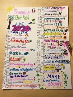 a planner with the words summer bucket list written in different colors and numbers on it