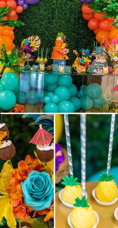 an assortment of desserts and decorations for a pineapple themed birthday party