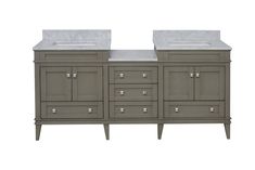 double sink vanity with marble top and two drawers in grey finish, on white background