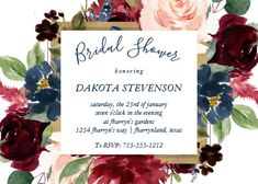 Rustic Floral | Navy Blue Red Pink Bridal Shower Invitation Watercolor Bridal Shower Invitations, Couples Baby Shower Invitations, Floral Wreath Design, Blue Watercolor Floral, Floral Wreath Watercolor, Watercolor Baby Shower, Couples Shower Invitations