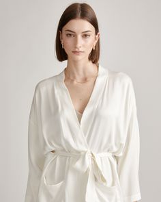 Now available in a range of sizes, our dreamy silk robe is the key to living your best life ever. Made from 100% mulberry silk that's easily washable, this is low-maintenance luxe at its finest. And there's a beauty bonus: Silk fiber contains 18 kinds of amino acids that make it amazing for skin nourishment. It's also hypo-allergenic and naturally thermoregulating to keep you comfy whenever you slip it on.  | Quince | Women's Robe in Ivory, Size XL, Mulberry Silk Elegant V-neck Robe For Daywear, Chic Silk V-neck Sleepwear, Elegant Silk Summer Robe, Elegant Summer Silk Robe, Silk V-neck Kimono For Daywear, Elegant Summer Relaxation Kimono, Elegant Silk Robe For Spring, Elegant Silk Spring Robe, Elegant Silk V-neck Robe