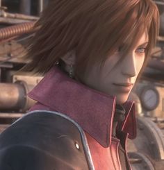 an animated image of a man with long hair wearing armor and standing in front of pipes