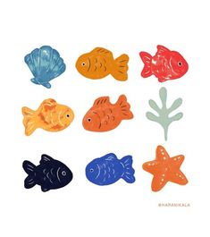 six different colored plastic fish on a white background