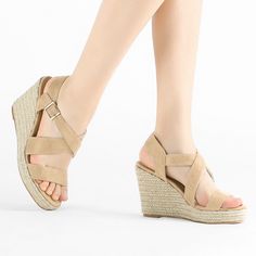 These platform wedges feature a sleek ankle strap and an espadrille heel to add comfort and style to your everyday look. Easy to pair with your favorite denim jeans, shorts, skirts, and your everyday casual wear. The wedge sandals are designed with a crisscross strap, platform, and wedge heel. The vamp is made of faux suede and the outsole is a combination of espadrille and rubber. Suitable for various occasions including office, party, casual events, Halloween days, Christmas days, dating, and Spring Wedge Sandals With 4-inch Heel And Medium Width, Spring T-strap Synthetic Wedge Sandals, Brown Wedge Sandals With Heel Strap, Medium Width, Beige Synthetic Wedge Sandals With 4-inch Heel, Brown Synthetic Wedge Sandals With 4-inch Heel, Women's Espadrilles, Wedges Sandals, Strap Wedge, Espadrilles Platform