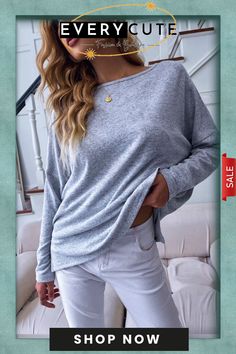 Solid Boat Neck Sweatshirt Fall Loungewear T-shirt, Gray Long Sleeve Plain Sweatshirt, Basic Gray Long Sleeve Top, Trendy Batwing Sleeve Loungewear Top, Casual Long Sleeve T-shirt For Winter, Comfortable Long Sleeve Winter Tops, Trendy Loungewear Tops With Batwing Sleeves, Trendy Batwing Sleeve Tops For Loungewear, Basic Long Sleeve T-shirt For Loungewear