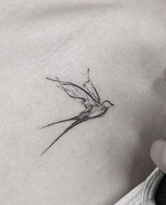 a small hummingbird tattoo on the back of a woman's left side ribcage