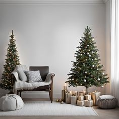 two christmas trees in a living room with presents on the floor next to them and a chair