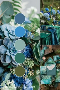 blue and green wedding color palettes with succulents, greenery and candles