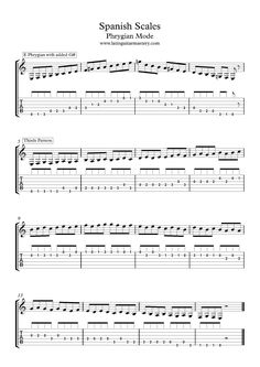 spanish scales for guitar with notes and tabs in the bottom right hand corner,